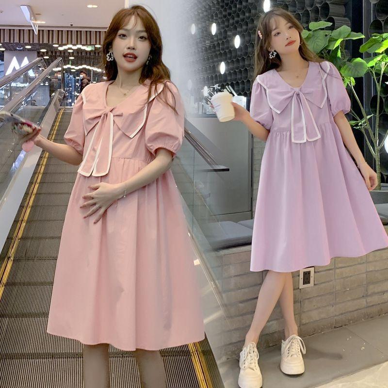 Small Fresh and Sweet Age-reducing Maternity Dress Women's Summer Bow Doll Collar Loose and Thin Large Size Maternity Dress