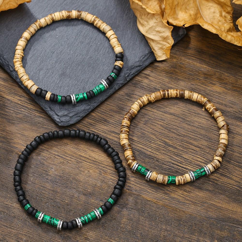 Natural Stone Wood Chip Coconut Shell Elastic Beaded Bracelet Set Retro Couple Beach Bracelet