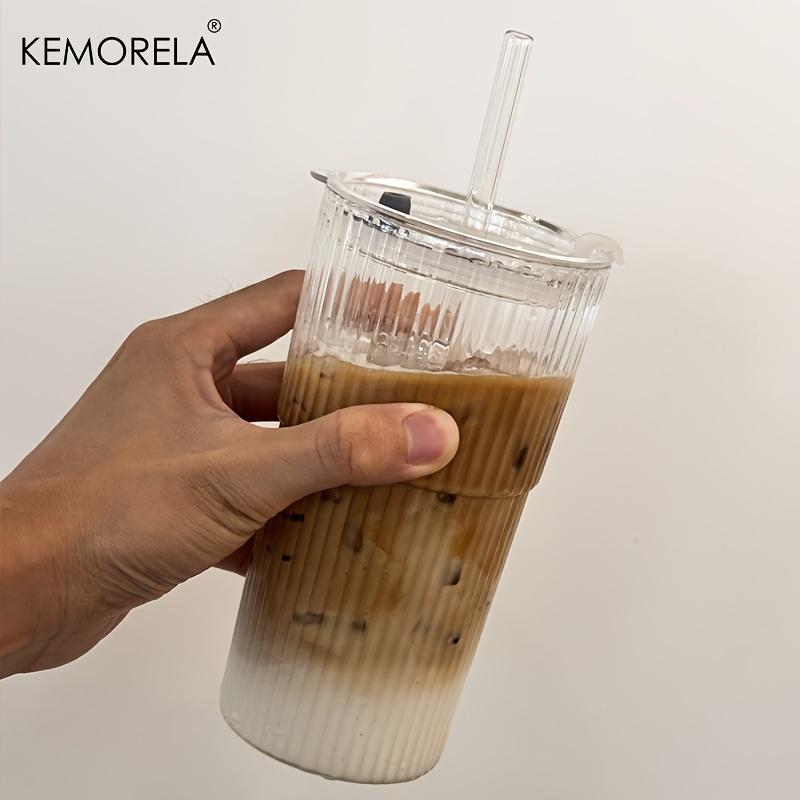 KEMORELA 1/2PCS Ribbed Glass Tumblers with Lids and Straw 600ML Large Capacity Coffee Cup for Iced Americano and Juice Coke Beer