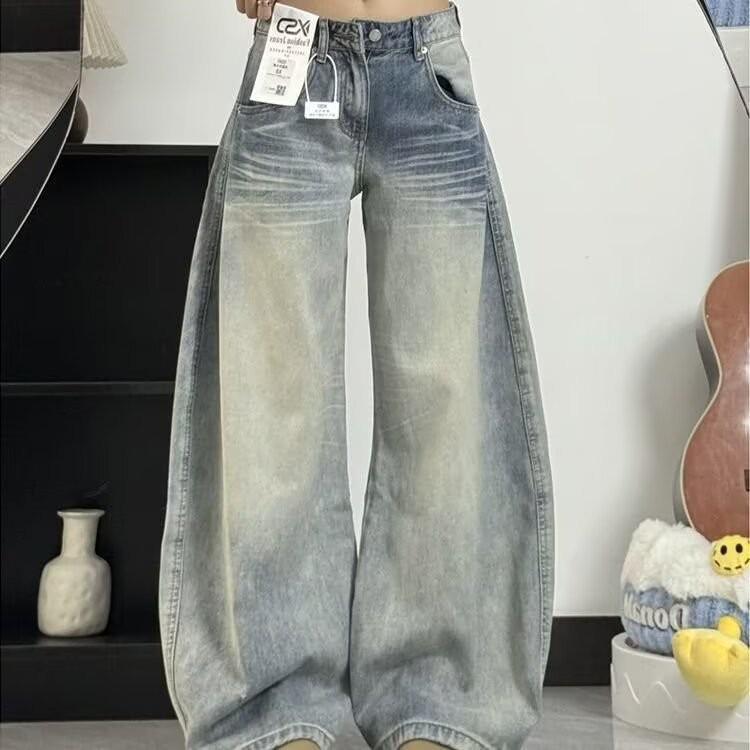 Women s Retro Distressed Light Blue Wide Leg Jeans - Casual Loose Fit for Spring/Autumn 2025 Medium светло-синий