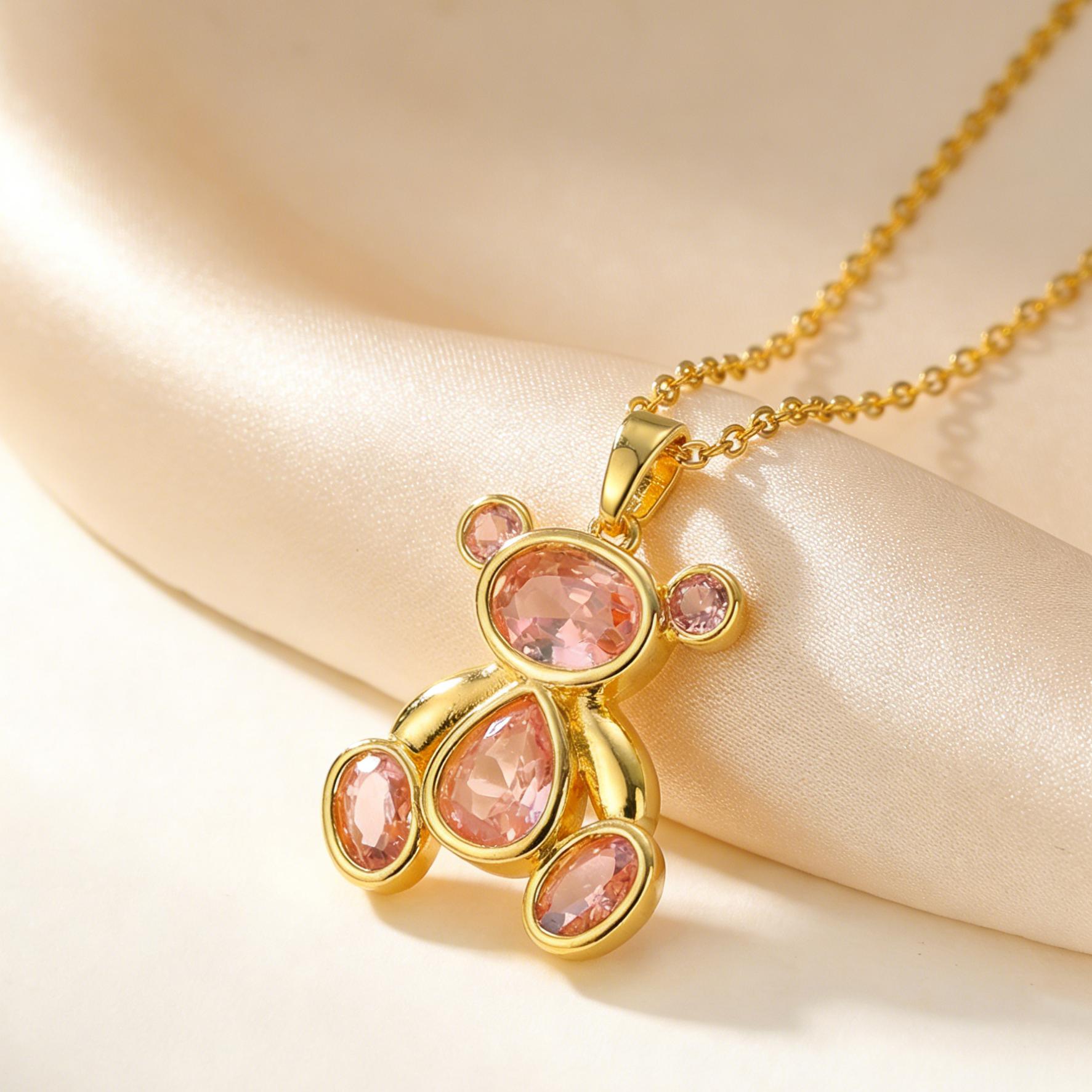 

Delicate Cute Pink Zircon Bear Pendant Necklace for Women Girl, Stylish Animal Necklace, Exquisite Luxury Jewelry Accessories розовый