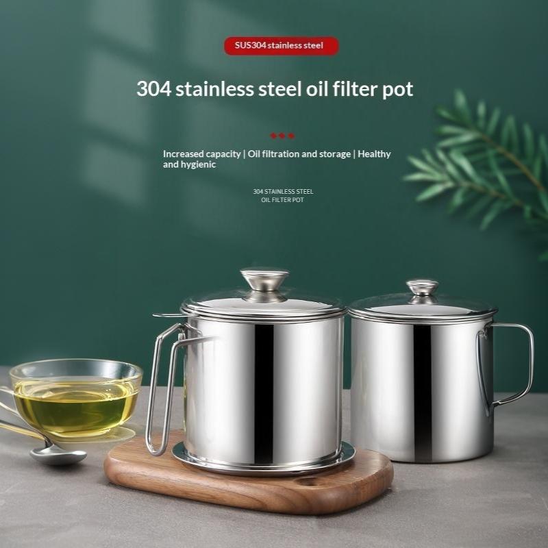 Stainless Steel Oil Strainer Pot Leakproof Oil Storage Container with Fine Filter for Home Kitchen Frying Oil Recycling