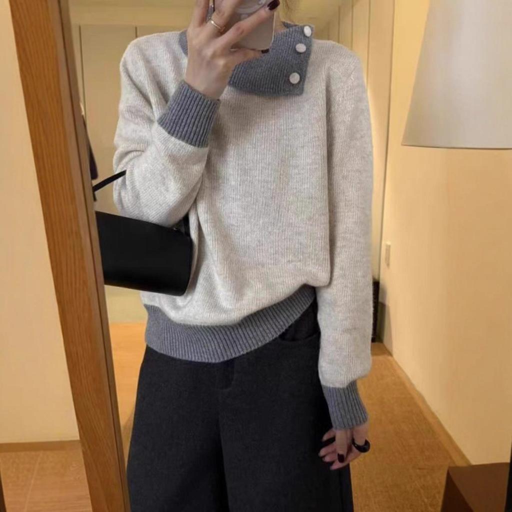 Loose soft waxy raspberry powder splicing pullover sweater women's autumn and winter lapel knit inner chic and beautiful top