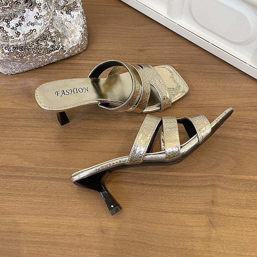 Bling Bling Luxurious Rhinestone Decor Slippers Women Square Toe Thin High Heels Sandals Summer Dress Shoes Party Wedding Shoes