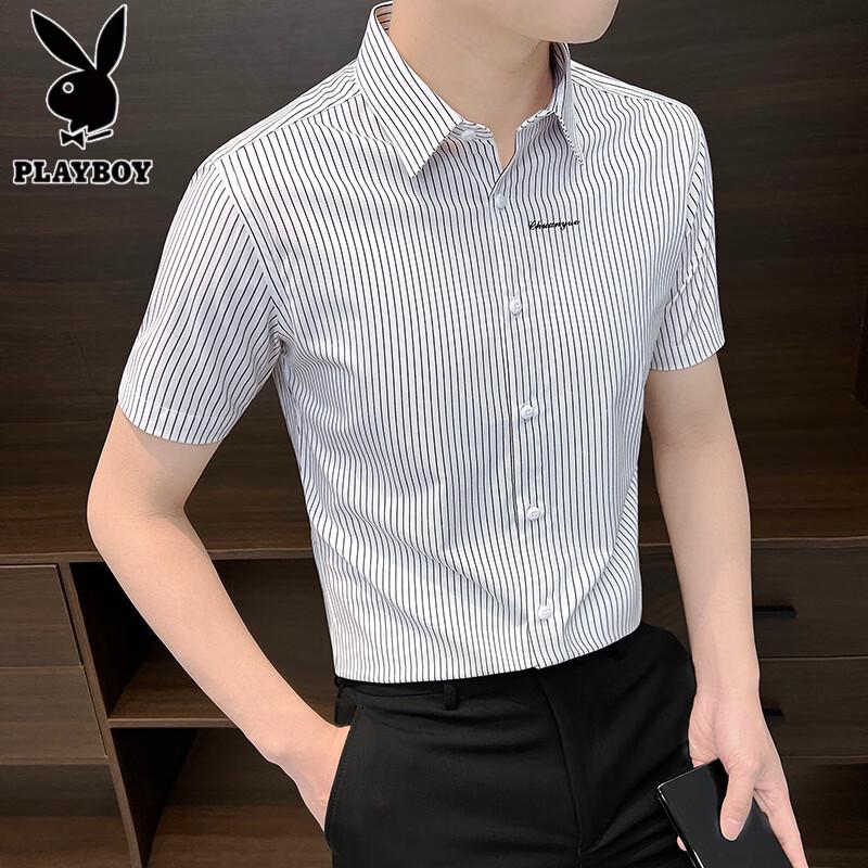PLAYBOY Men's Striped Ice Silk Short Sleeve Shirt