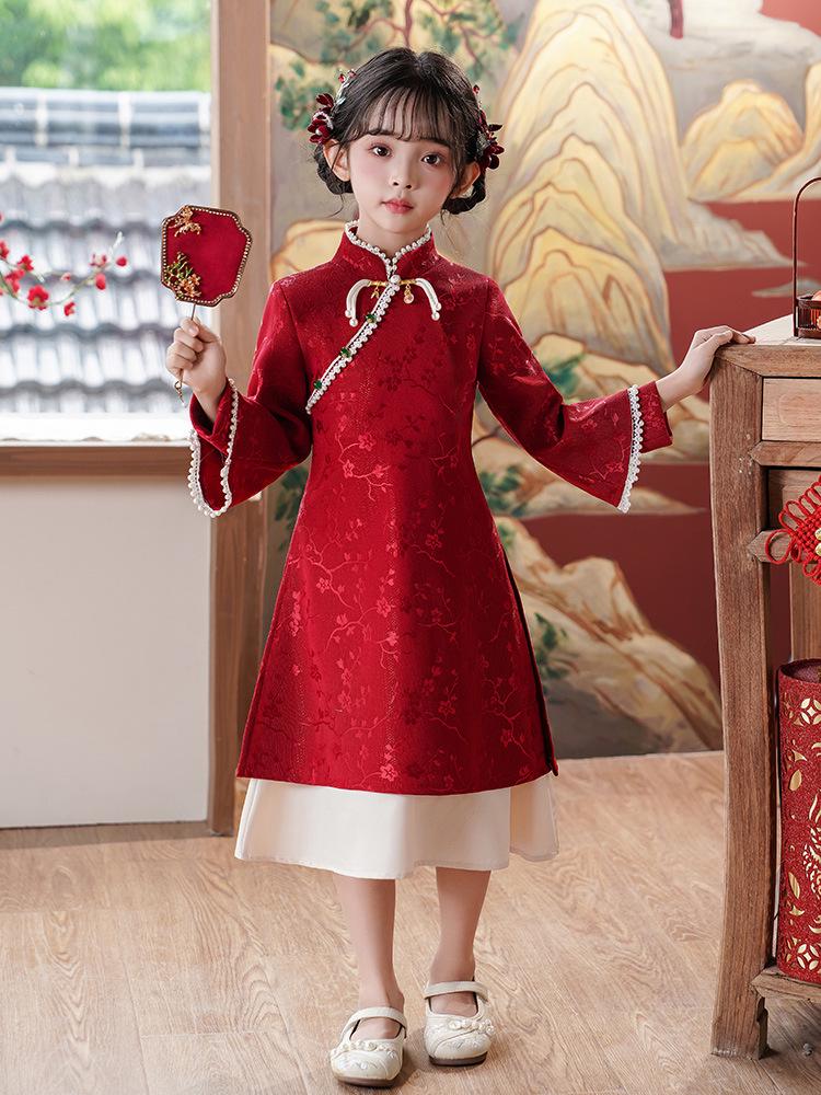 Girls' New Year Long-Sleeve Qipao: Children's Chinese-Style Autumn/Winter Dress 2026