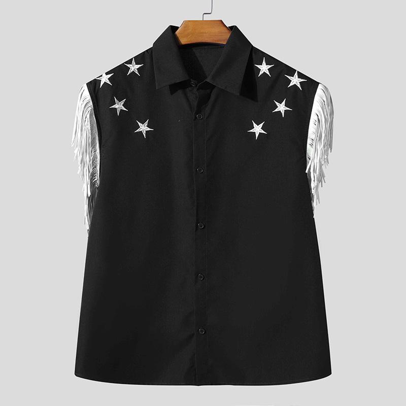 

INCERUN Men Lapel Neck Tassel Sleeveless Buttons Up Embroidery Casual Shirts 4XL чёрный