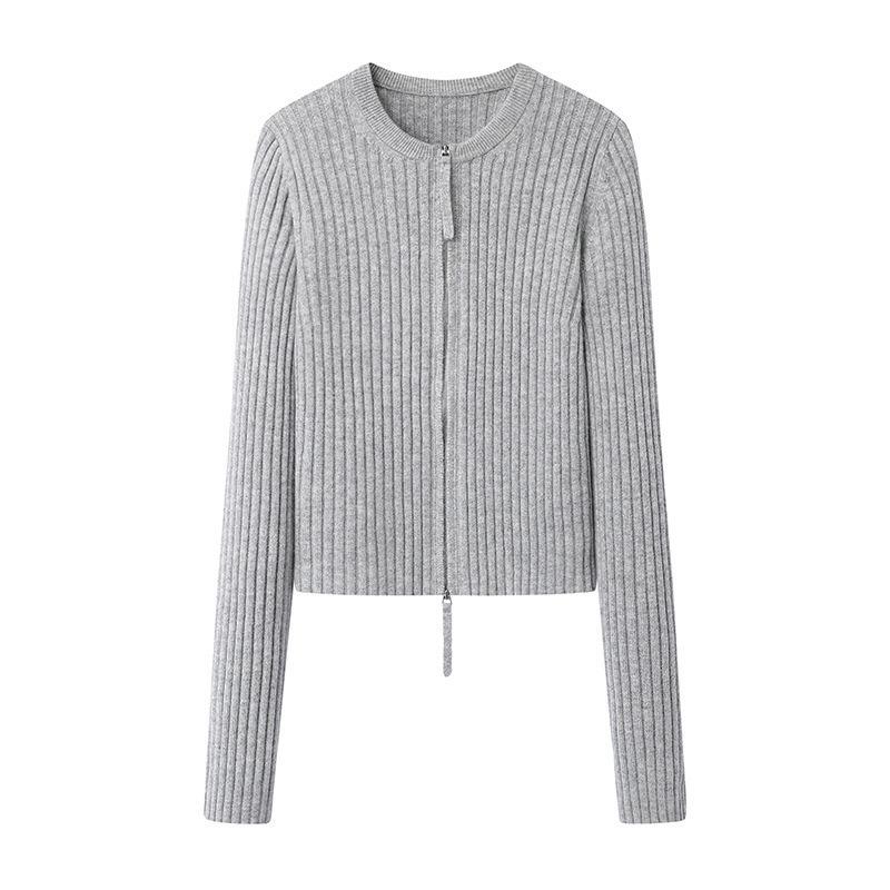 Knitted Knit Sweater with Zipper Slim Fit Sweater Early Autumn Women's Top Round Neck