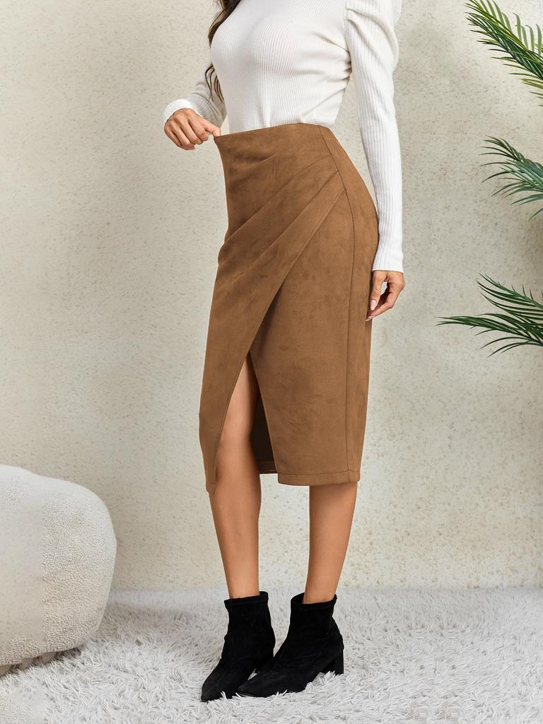 Women's Solid Color Pleated Suede Skirt High Waisted Buckle Wrapped Hip Short Skirt Middle Skirt