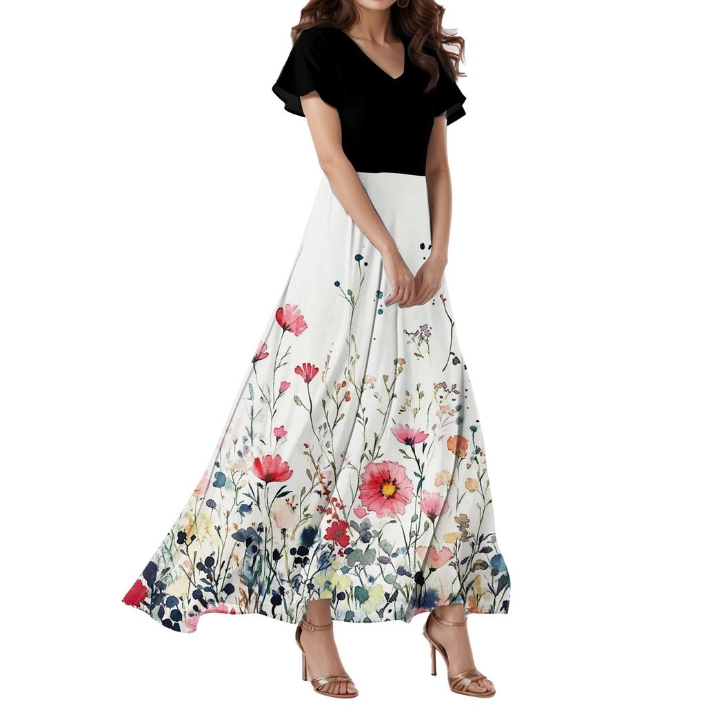 Women's Loose Casual  V-Neck Short Sleeved High Waisted Floral Print Dress Floral Print Dress