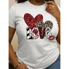 European Size Women's Plus Size  T-Shirt- LOVE Heart Design with Leopard Print, Glitter Accents& Stripes, Casual Round Neck Short Sleeve Top