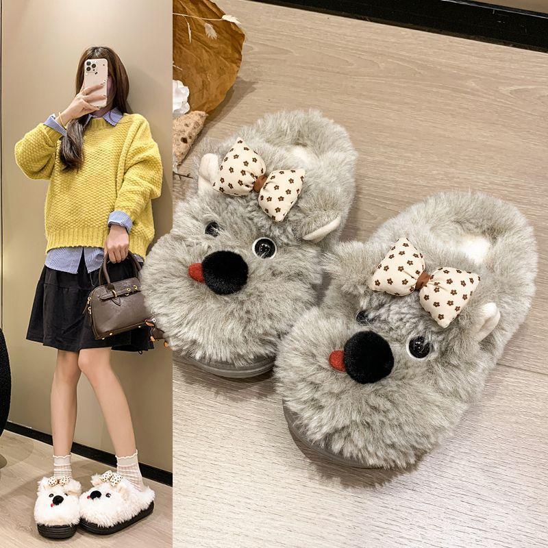 Wear Home Half Slippers Cotton Shoes Cute Cartoon Bow Puppy Fluffy Slippers Female 2025 Autumn and Winter New