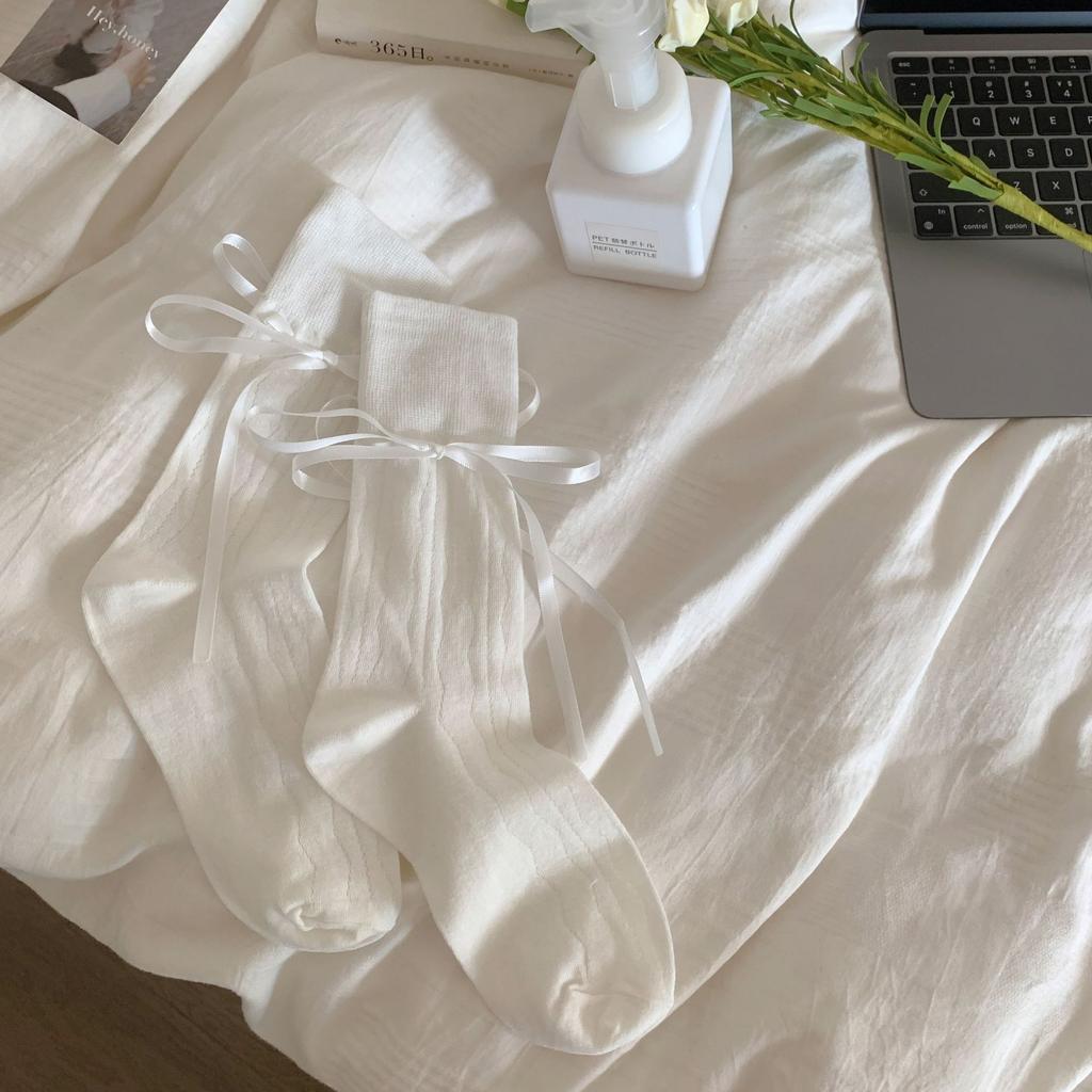 Socks Women Bow Straps Hollow Solid Color Spring and Autumn Ballet Socks Middle Tube Ribbon Casual Socks for Women