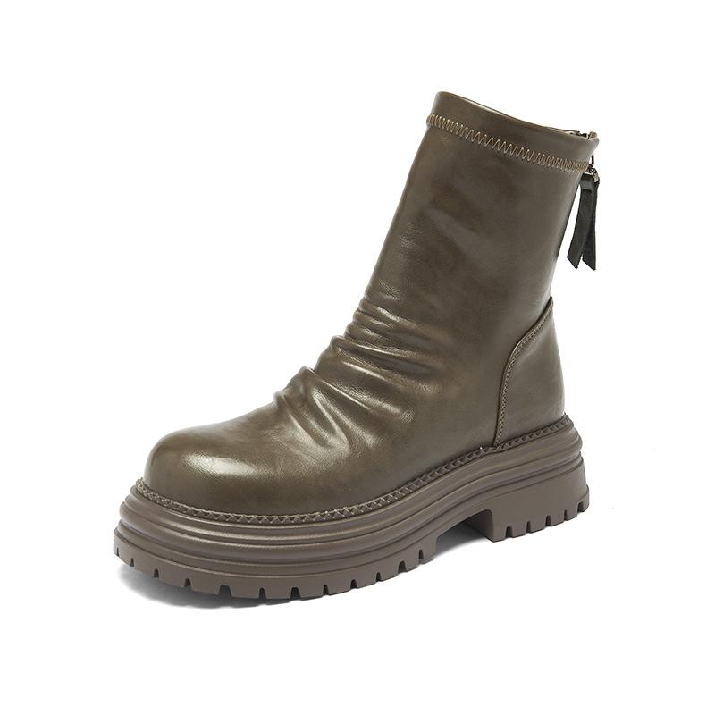 Augustine Brown Martin Boots Women's 2025 New Autumn and Winter Small Skinny Pile Boots Thick-soled Medium Boots Short Boots