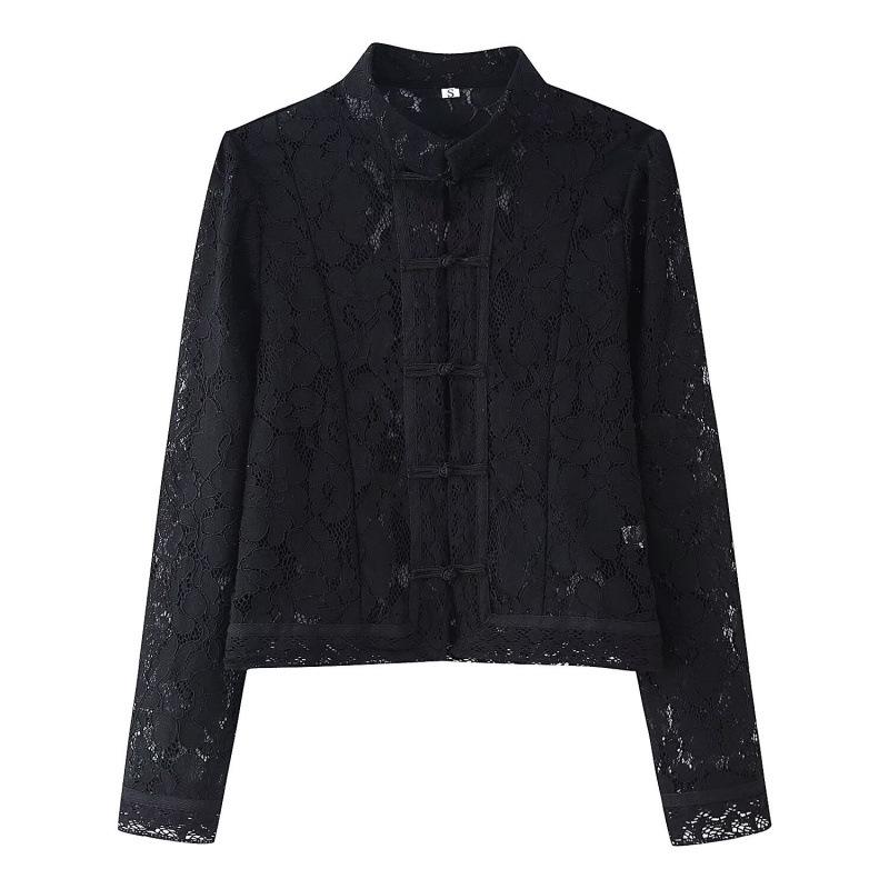 Women s Fashion Stand Collar Slim Fit Crochet Shirt - Casual Hot Trend 2025 Large чёрный