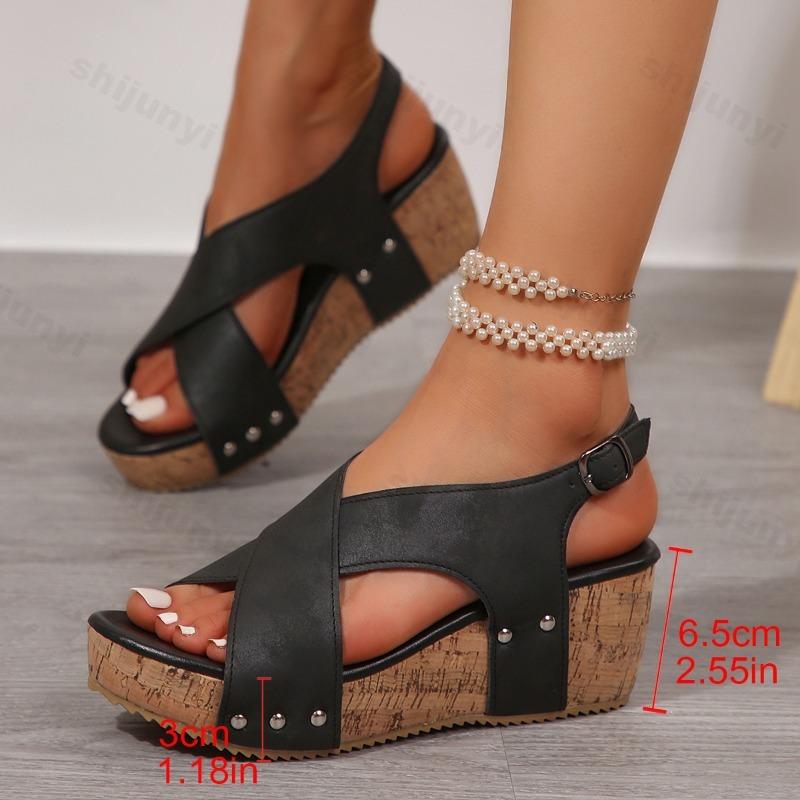 Fashion Women's Sandals 2025 Summer New Wedges Fashion Peep Toe Sandals Women Buckle Strap Platform Rivet High Heels Sandalias De Mujer