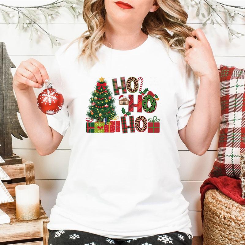 New Christmas Tree HO HO HO Print T Shirt Women Funny  Merry Christmas Tops Tees Female Short Sleeve Crew Neck Women Xmas Tshirt