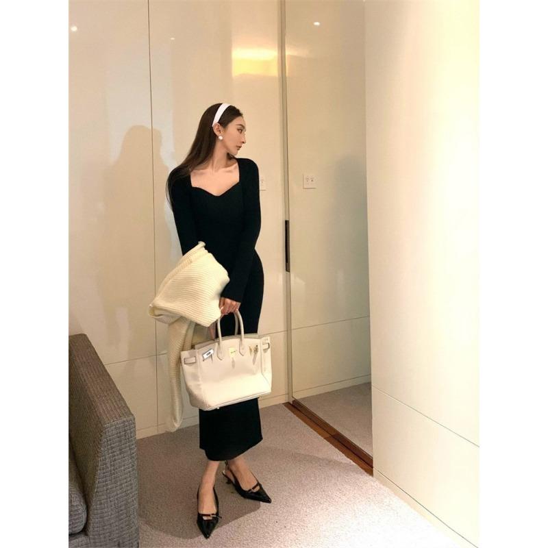 Autumn New Women's High-end Temperament Socialite Long-sleeved Red Sweater Knitted Bottoming Dress Autumn and Winter