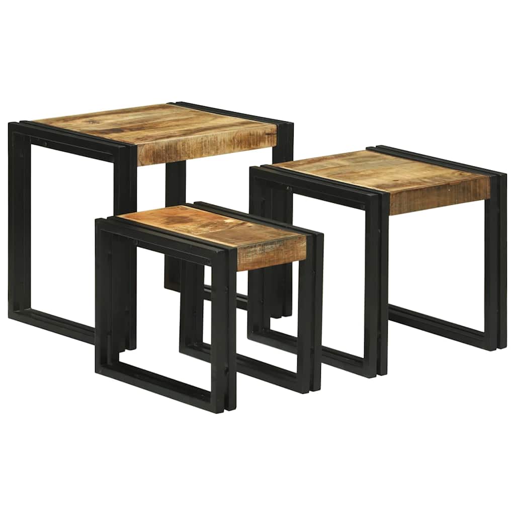 Nesting Table Set 3 Pcs Solid Mango Wood and Metal
