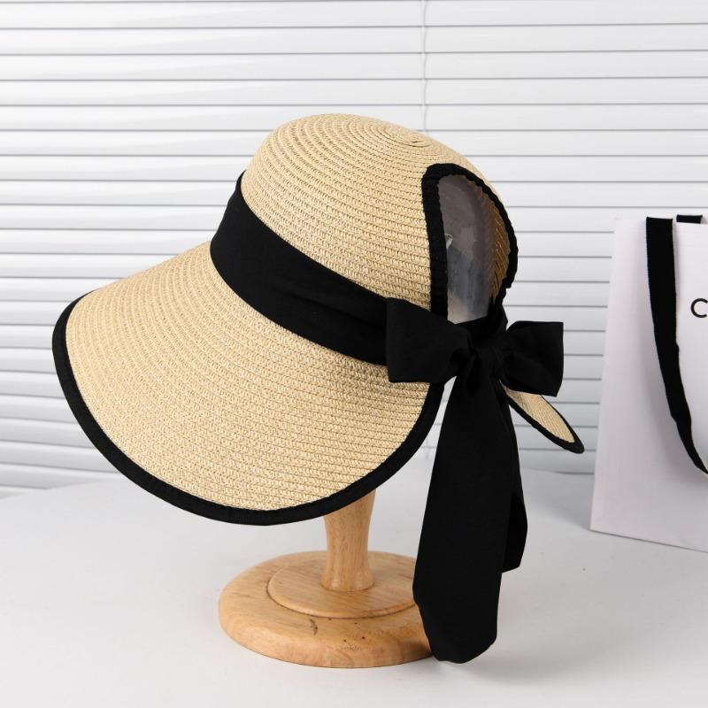 Chapeau de paille à large bord et haut-de-forme vide pour la mode d'été polyvalente pour femmes, chapeau de paille pare-soleil, chapeau de soleil tendance