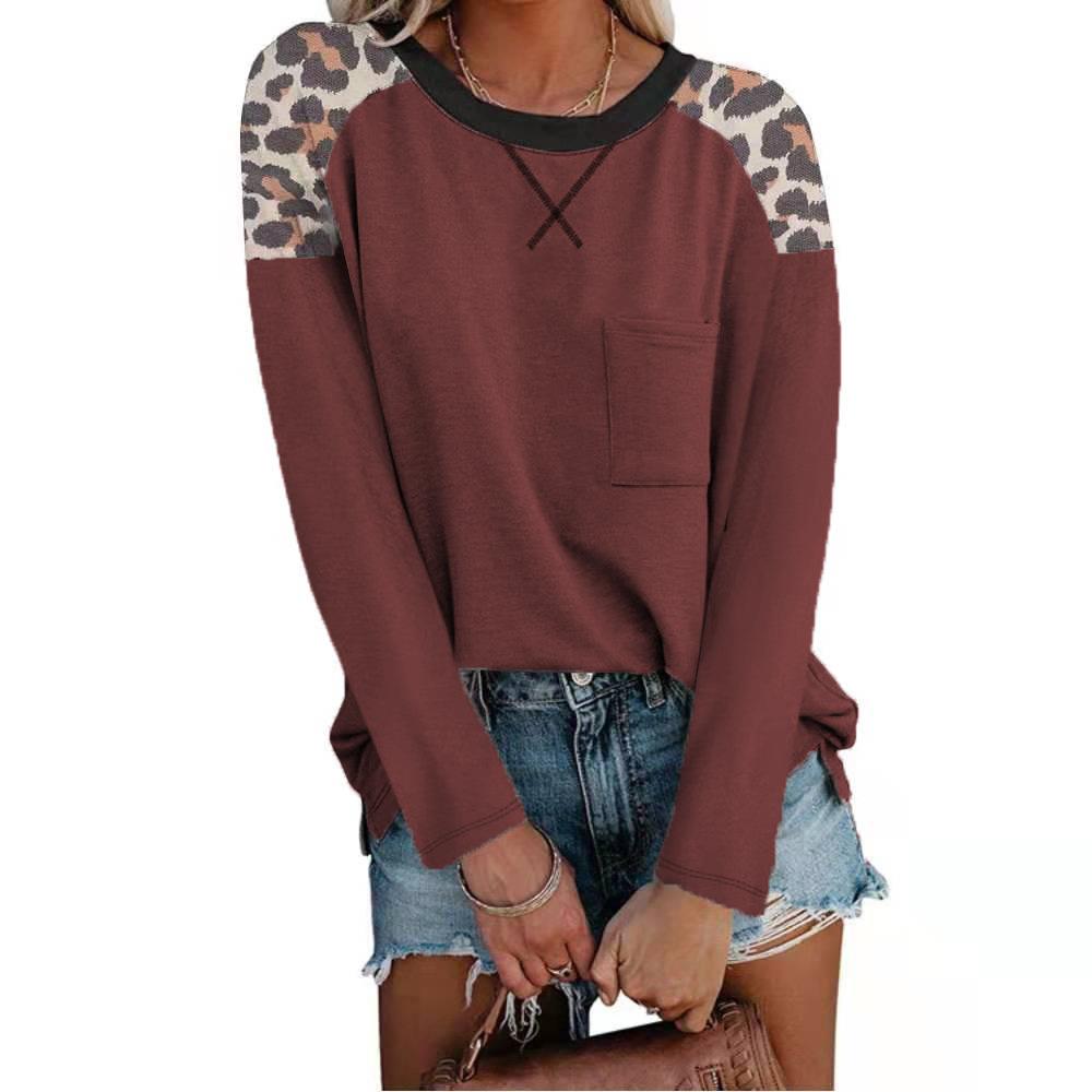 Autumn and Winter New Round Neck Leopard Print Stitching Pocket T-shirt Long-sleeved Bottoming Shirt