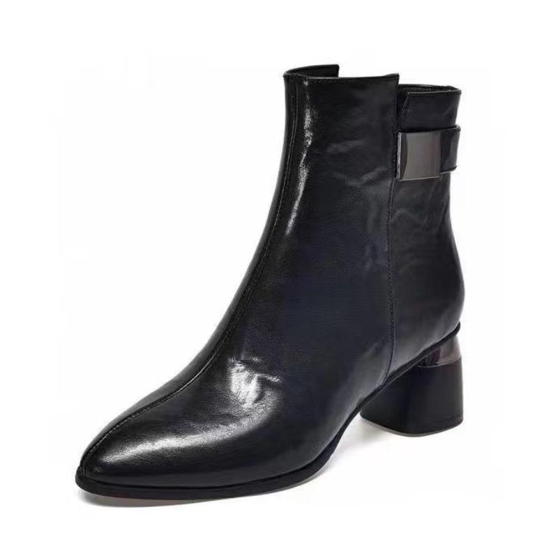 Soft Leather Thick Heel New Autumn and Winter Temperament Pointed Mother Boots Low Heel Women's Martin Boots Women's Shoes