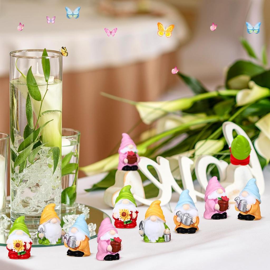 40 Pcs Spring Mini Gnomes Figurine Miniature Spring Gnome Resin Statues Flowers Sunflower Mini Resin Gnomes Table Decor for Summer Tiny Elf Indoor