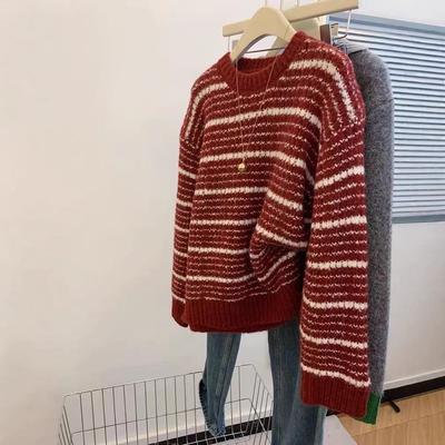 Red Striped Crew Neck Pullover, Wearing a Sweater Outside, Women's Lazy Style, High-end Sense Thickened, Autumn and Winter Design Sense Top