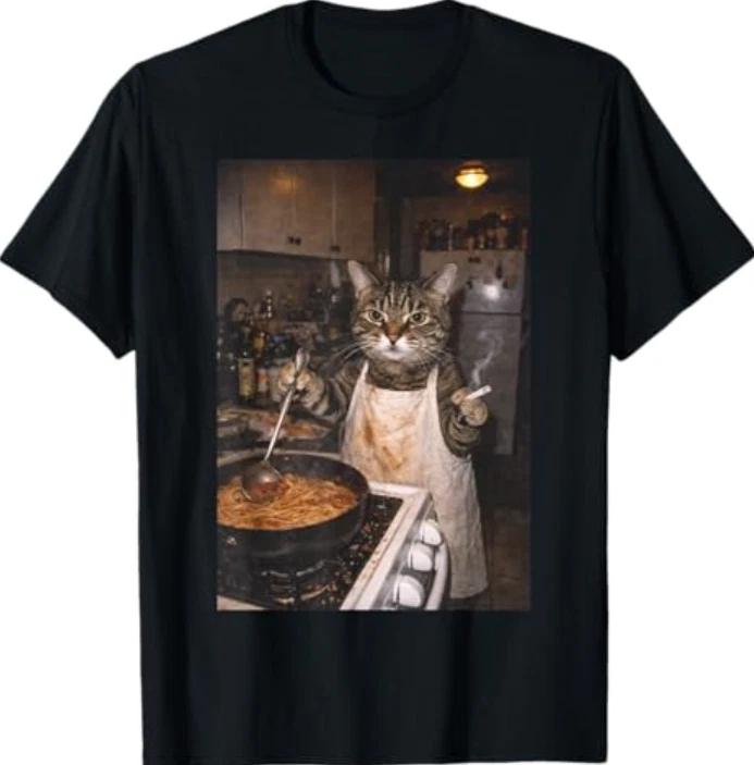 Funny Cat Smoking Retro Cooking Cat Meme Graphic Tee T-Shirt 3XL