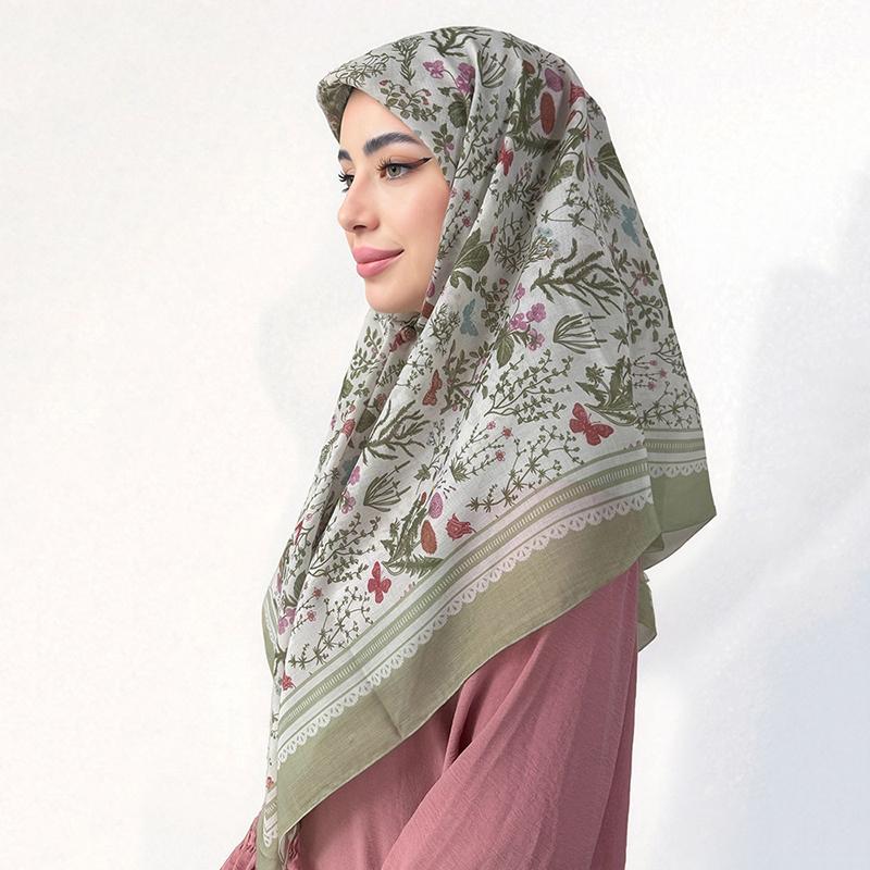 110Cm Printed Square Scarf for Woman Cotton Linen Feel Muslim Hijabs Shawls Soft Wraps Lady Neckerchief Female Handkerchief