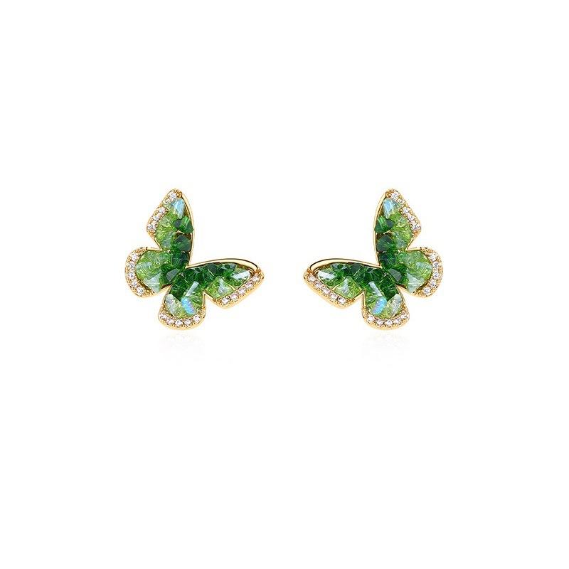 111 silver needle green crystal butterfly stud earrings, small fragrant wind sweet temperament earrings niche high-end earrings