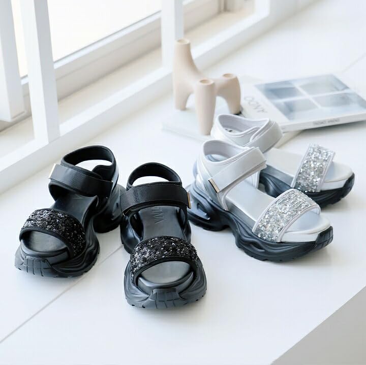 Vivian Women's Platform Sports Sandals with Sequins, Ankle Strap, and Velcro Closure, Black, Size S (22.0-22.5cm), V36001SM