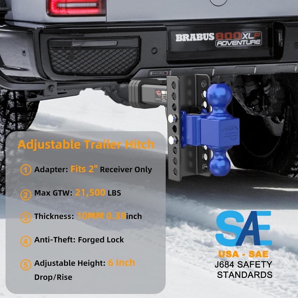 Engate de Reboque Ajustável, Receptor de 2', Queda/Elevação de 6', Bola de 2' e 2-5/16', 21.500 GTW, Pinos de Travamento Anti-Furto