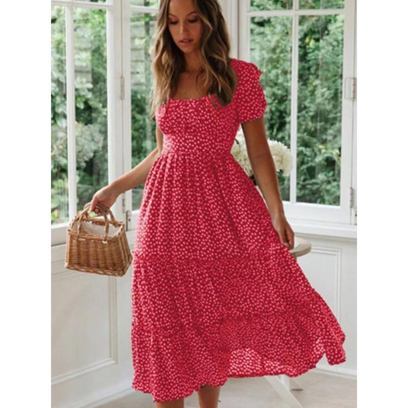 Vestidos Vintage Vintage Print Puff Sleeve Summer Beach Sweet Dresses Casual Square Collar Floral Maxi Long Dress
