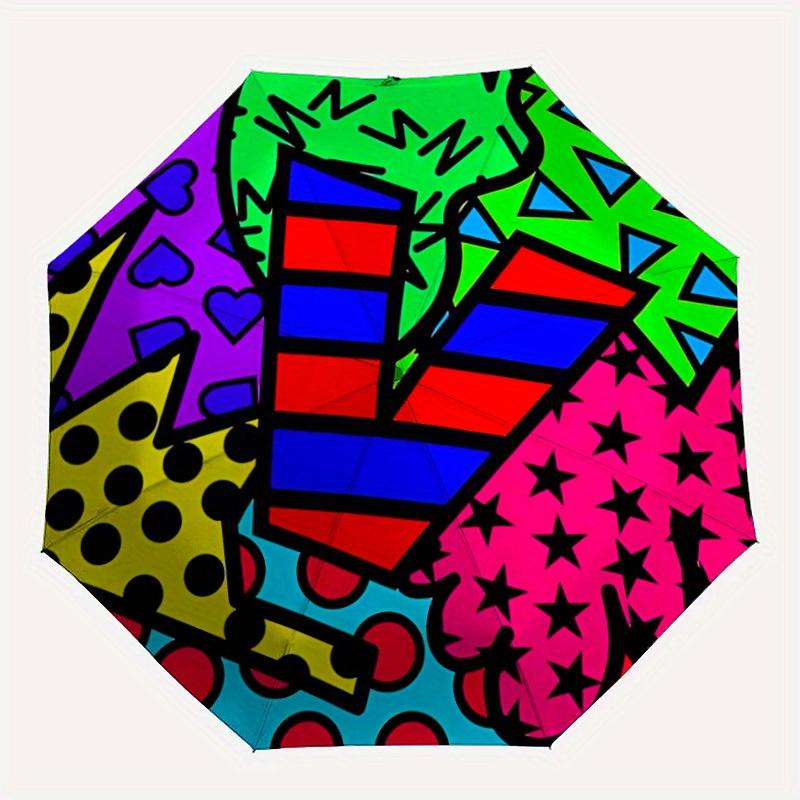 

1pc “V”Colorful Pattern Automatic Folding Umbrella, Portable & Foldable Design with 8 Ribs, Casual Outdoor Accessory yy250805074