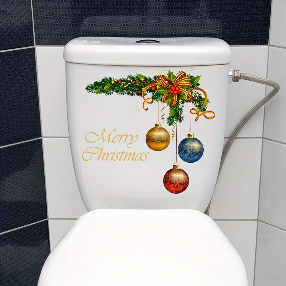 A Christmas-Themed Toilet Seat Sticker Featuring a Wreath And Colorful Balls, Made of Waterproof, Removable PVC for Decoration.