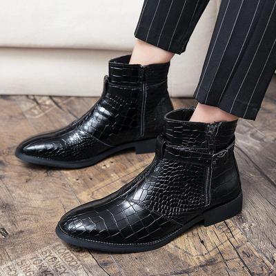 Men's Large Crocodile Pattern Leather High-Top Boots - Winter/Autumn Trend
