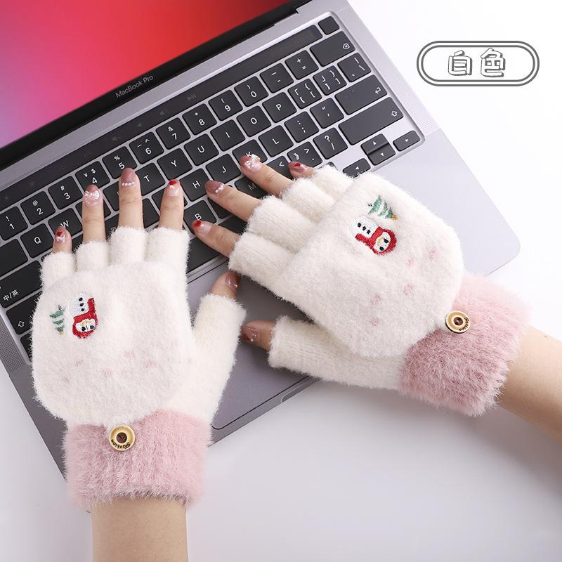 Gants tricotés demi-doigts à rabat pour femmes automne et hiver mignons bois chauds imitation vison étudiant écriture gants sans doigts
