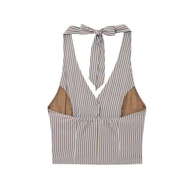 Jnleaog Spring New Arrival Women's Clothing Fashion Style French Fashion Design Stripes Hanging Collar Vest Style Tops