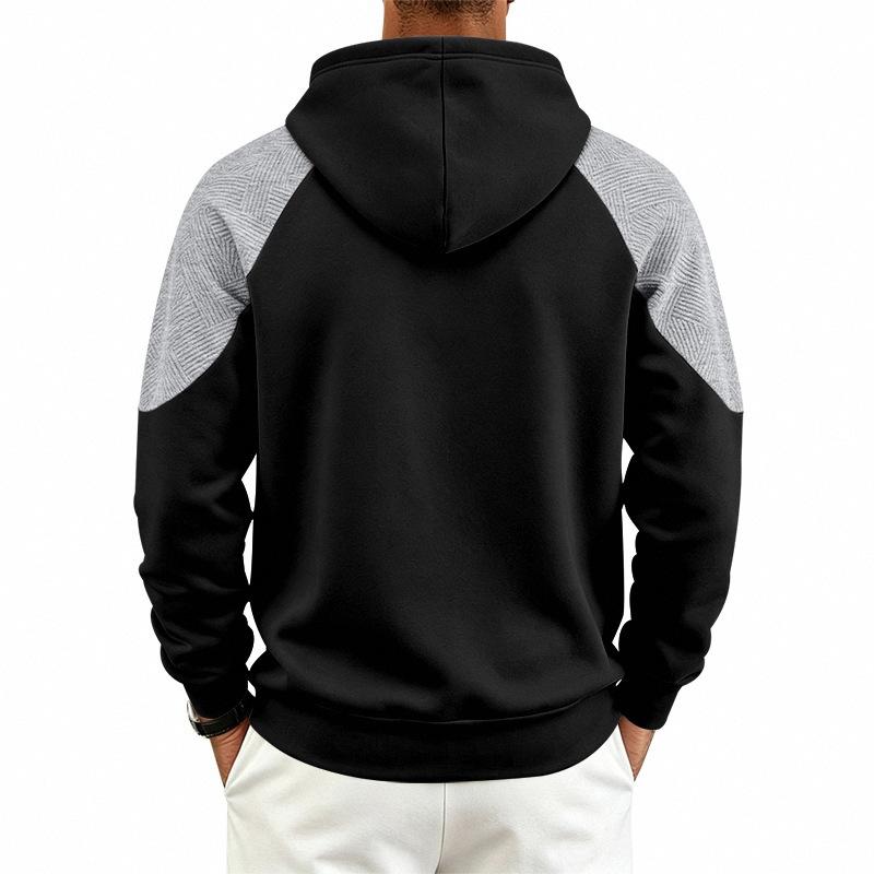 Men's Color Block Raglan Hoodie, Contrast Spliced Textured Long Sleeve Drawstring Pullover Hooded Sweatshirt with Kangaroo Pocket