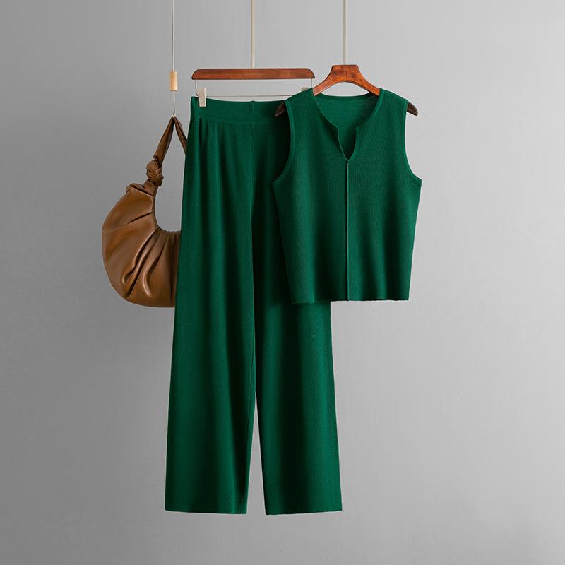 Summer New Simple Sleeveless Knitted Top Fashion Suit Casual Wide-leg Pants Two-piece Set Women