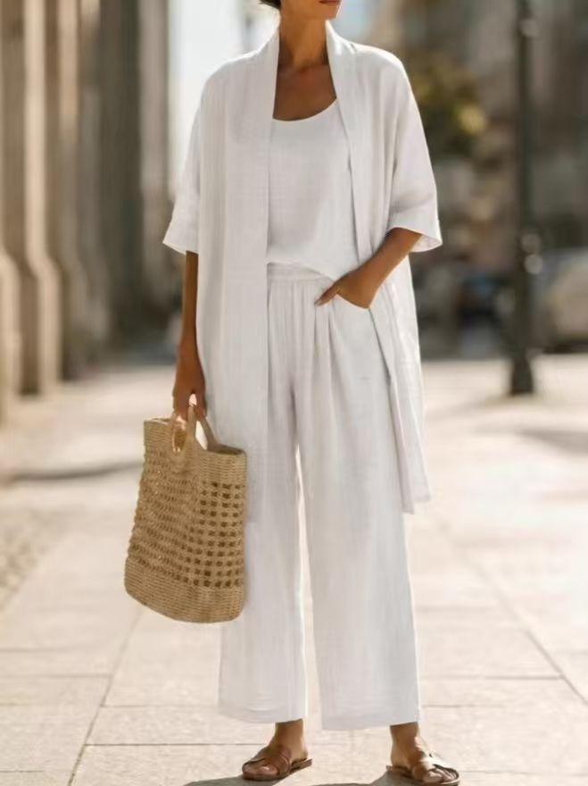 2026 Cross-border Summer Breathable Linen Set, White Cardigan Suspender Wide Leg Pants Three-piece Set S белый