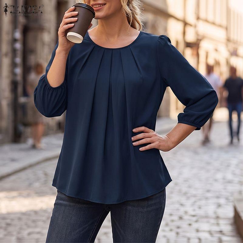 ZANZEA Women Elegant O Neck 3/4 Sleeve Pleated Tops Casual Solid Color Work Office Blouse