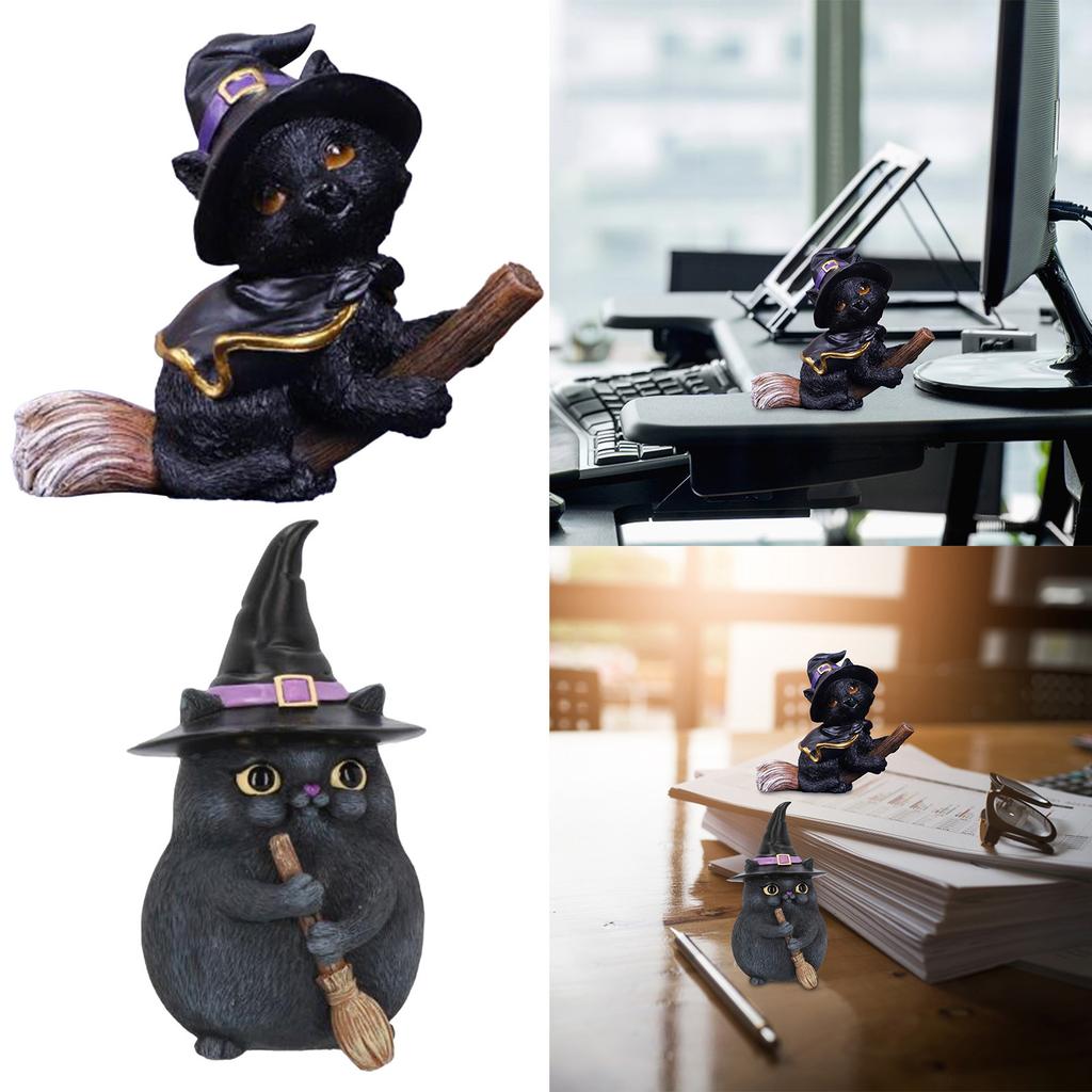 Creative Resin Sculpture Flying Broom Cat Small Cute Black Cat Statue Halloween Accessories Ornaments Party Decor