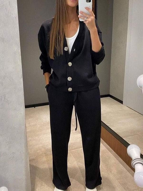 Set Due Pezzi Autunnale Donna Taglie Forti Casual Largo Abbigliamento Sportivo Cardigan a Manica Lunga Monopetto