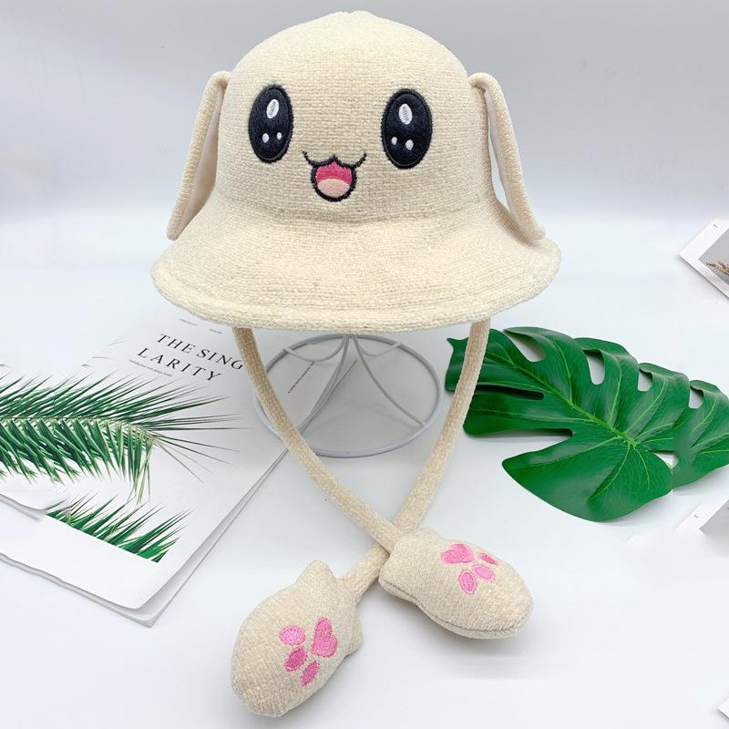 

Children s autumn and winter new chenille hat with moving ears rabbit airbag hat cute student male 54 head circumference бежевий