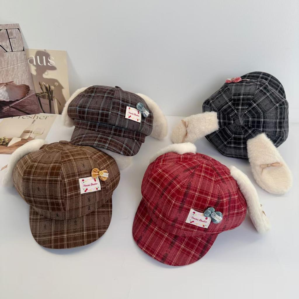 New Cute Plush Rabbit Ear Bow Plaid Octagonal Hat Children Versatile Spring and Summer Sunshade Travel Beret Tide