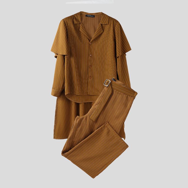 

INCERUN Костюмы из двух предметов Мужские с лацканами, с длинными рукавами, в полоску, плащ-рубашки, длинные брючные костюмы L коричневый