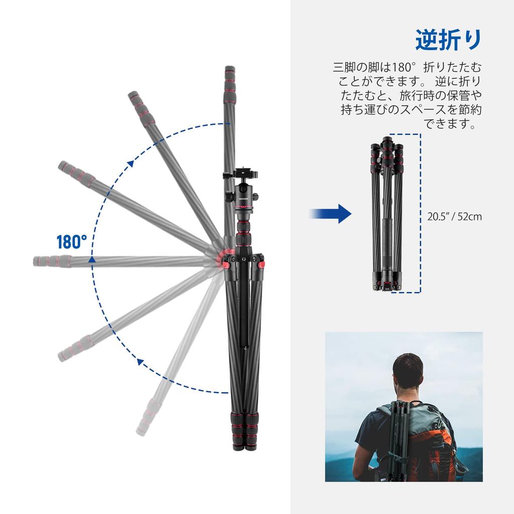 NEEWER New Edition Camera Tripod Monopod Made of Carbon Fiber Telescoping 2 Section Center Axis Ball Head Arca Type QR Plate for DSLR Panorama