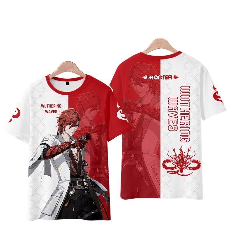 Spiel Anime Charakter 3D Gedrucktes T-Shirt, Beidseitig Rot Weiß Grafik Kurzarm Lässiges Streetwear Oberteil
